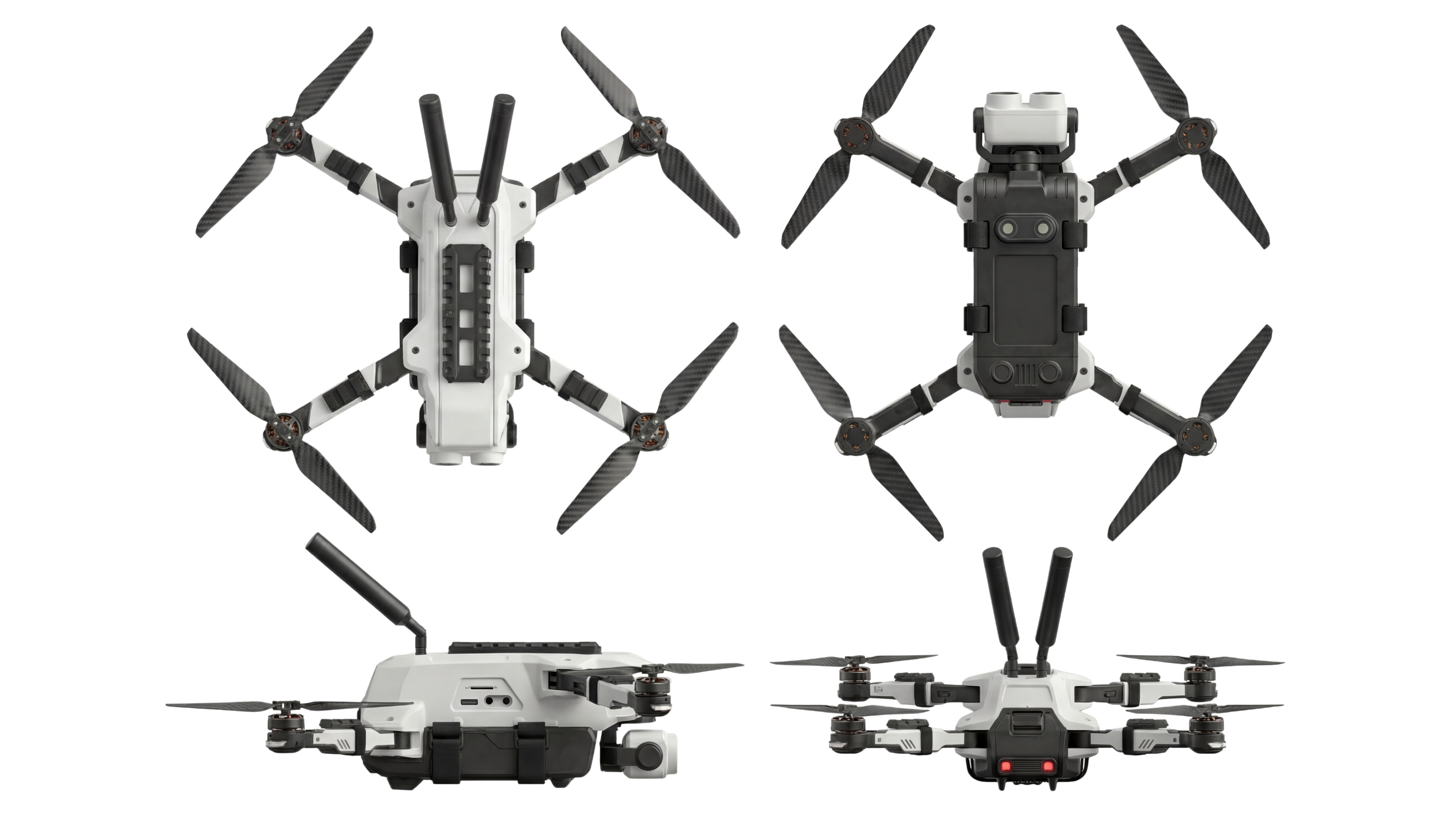 Perspective render of the DIGIPEAK ghost-tracker drone with antennas and carbon-fiber props.